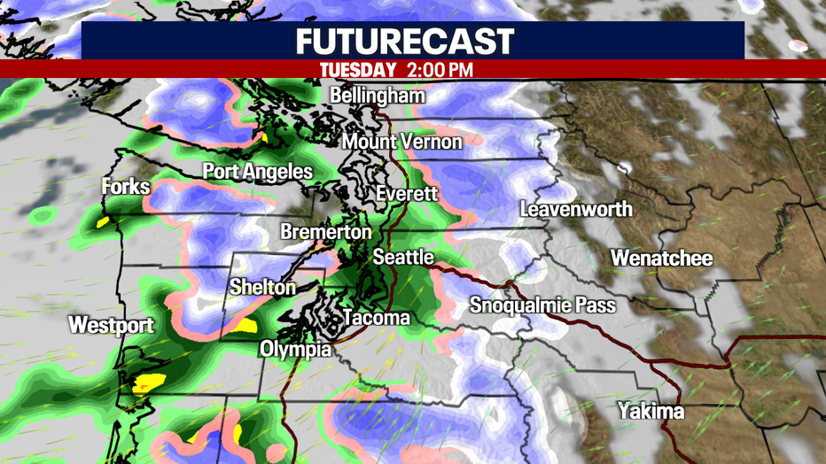 Forecast clouds and rain around Western Washington.