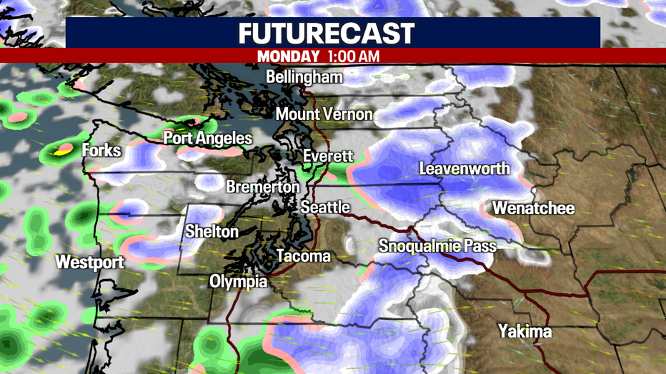Forecast clouds, rain and snow around Western Washington early Monday morning.