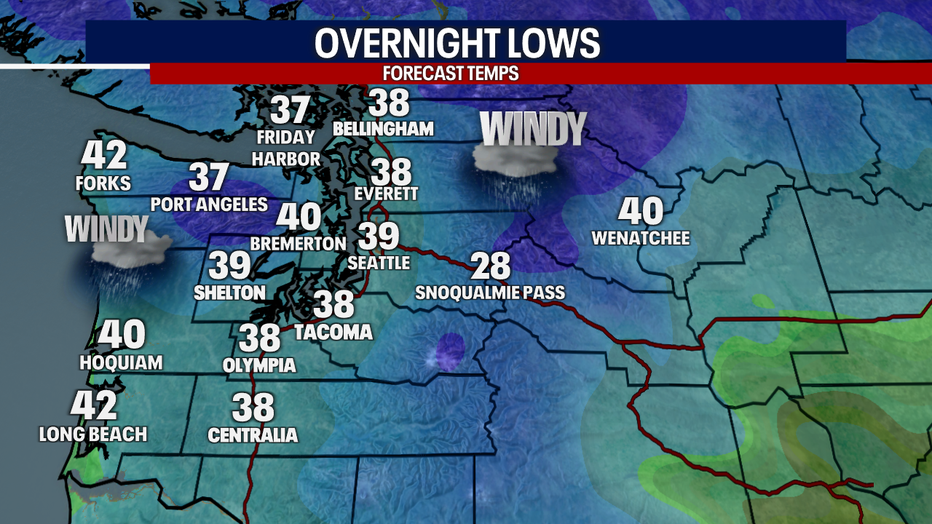 A map showing the forecast overnight lows in Western Washington Thursday morning.