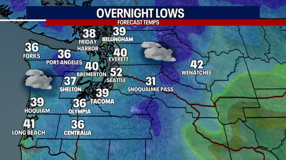A map showing the overnight lows across Western Washington Saturday morning.