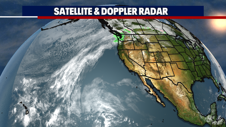 The satellite view of an atmospheric river pushing into Western Washington.