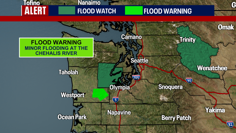 A map showing the areas where a Flood Watch and Flood Warning are issued.