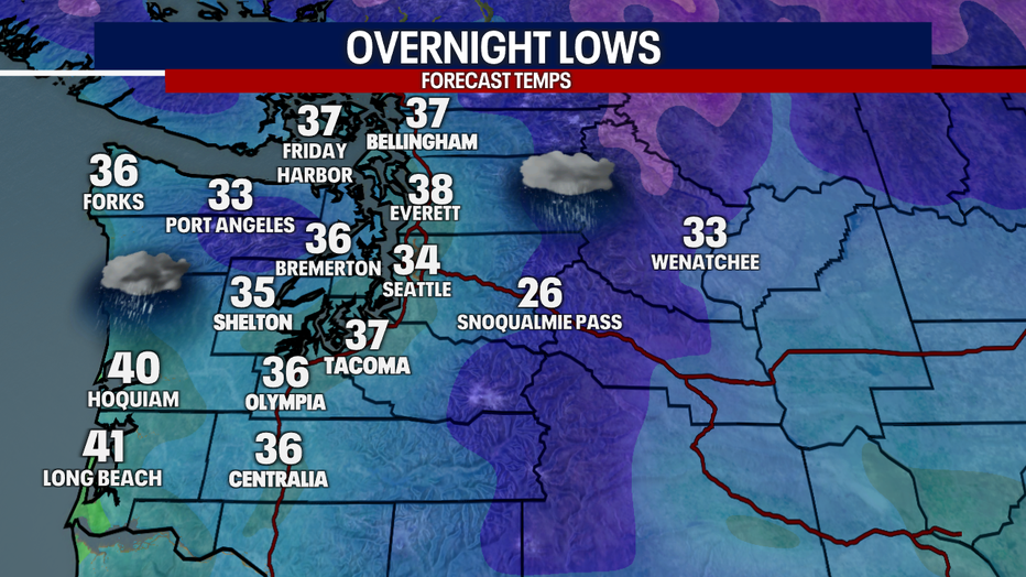 A map showing the forecast overnight lows on Monday in Western Washington.