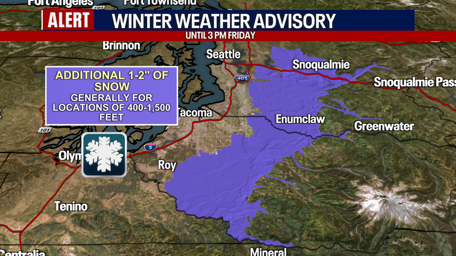 Winter weather is forecast east of Seattle in the Cascade foothills.