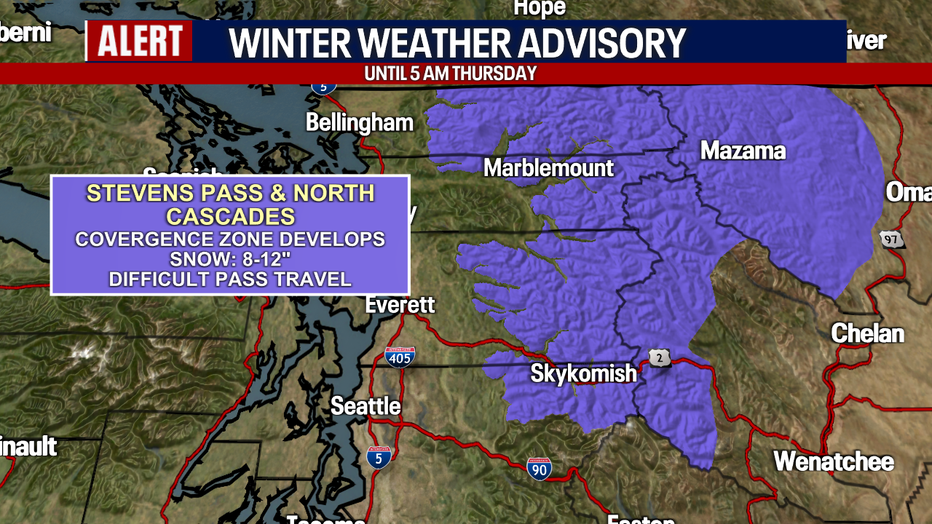 Seattle weather includes heavier mountain snow tonight with six to twelve inches possible near Stevens Pass and the North Cascades.
