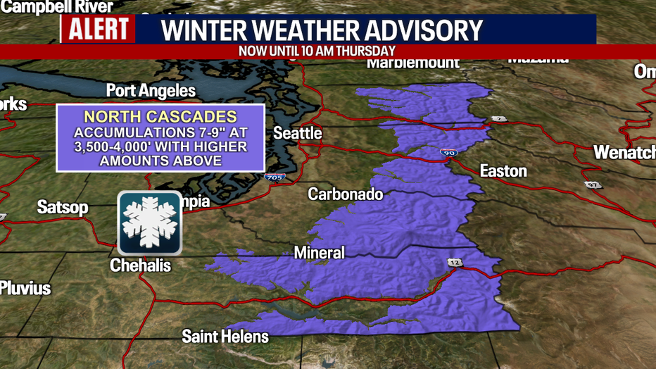 Seattle weather includes a Winter Weather Advisory in the Cascades through 10 a.m. Thursday with moderate snow above 3,500 feet.