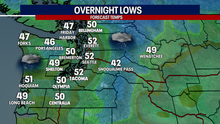 A map showing the overnight lows across Western Washington Friday morning.