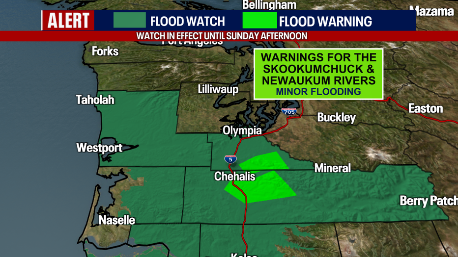 Flood alerts are posted for communities south of Seattle in Southwest Washington.