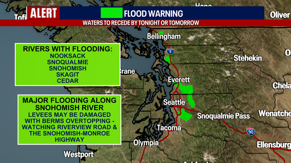 Seattle weather brought several river flood warnings earlier Saturday after this week’s atmospheric river pushed water levels higher across Western Washington.
