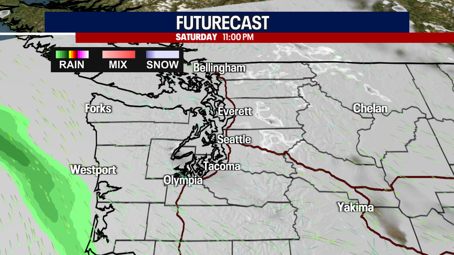 Seattle weather Sunday starts mainly dry but cold before scattered showers move in later in the day.