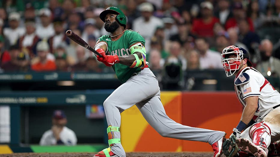 HOUSTON, TEXAS - MARCH 09: Randy Arozarena #56 of the Mexico in action during the 2026 World Baseball Classic game between Mexico and the United States at Daikin Park on March 09, 2026 in Houston, Texas. (Photo by Kenneth Richmond/Getty Images)