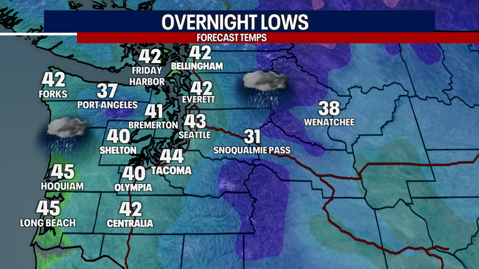 Overnight lows will only drop to the 40s in Seattle early Friday.