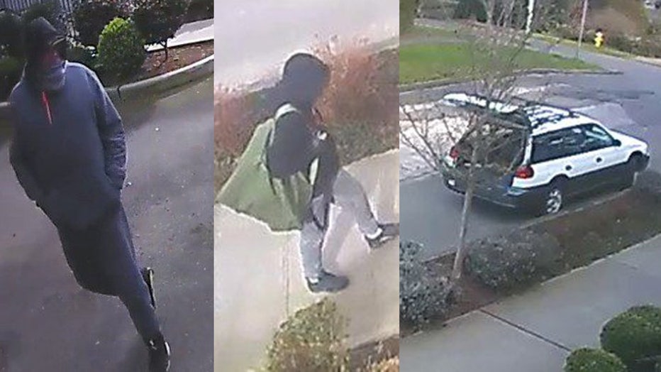 Seattle Police investigators are asking for the public’s assistance to identify two suspects and two vehicles connected to a Feb. 19 burglary in Queen Anne. The masked suspects are described as one with a thin build wearing a gray hoodie, gray sweatpants, and black and white sneakers. The other has a stocky build, wearing a black hoodie, gray pants, and black and white sneakers. Police are also attempting to identify two vehicles believed to be involved. One is a white Subaru Outback with no license plates. The other is a white Dodge Challenger with no license plates; black vinyl wraps on the trunk and hood with blacked out wheels. If you have any information about the persons or vehicles pictured below, please call 911, or email spd5977@seattle.gov with tips, reference incident number 2026-48493.