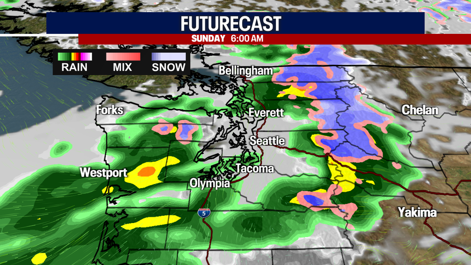 Seattle weather on Sunday features scattered showers moving through the region at times throughout the day.