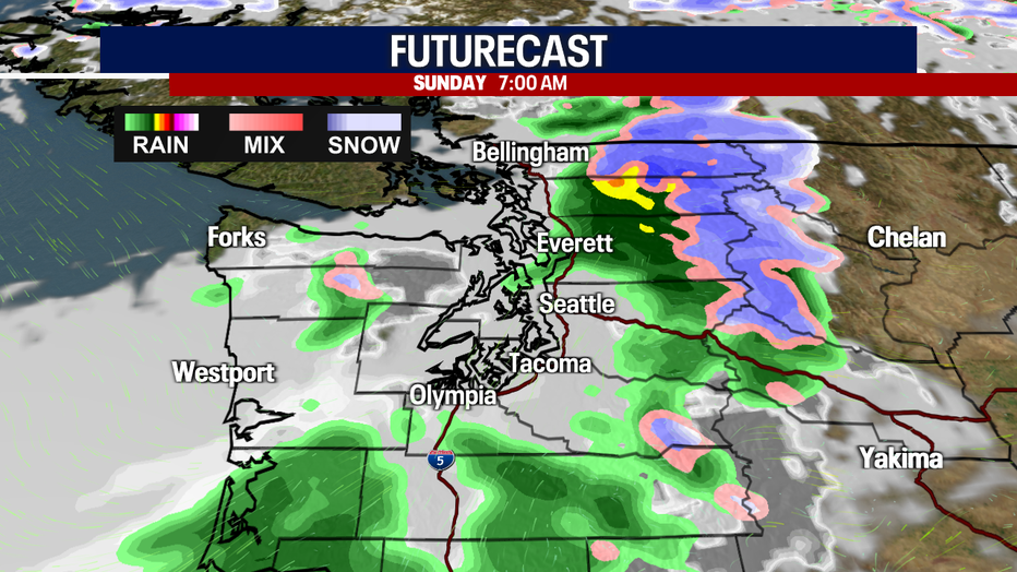 Futurecast shows Seattle weather staying mostly cloudy with scattered showers developing Sunday.