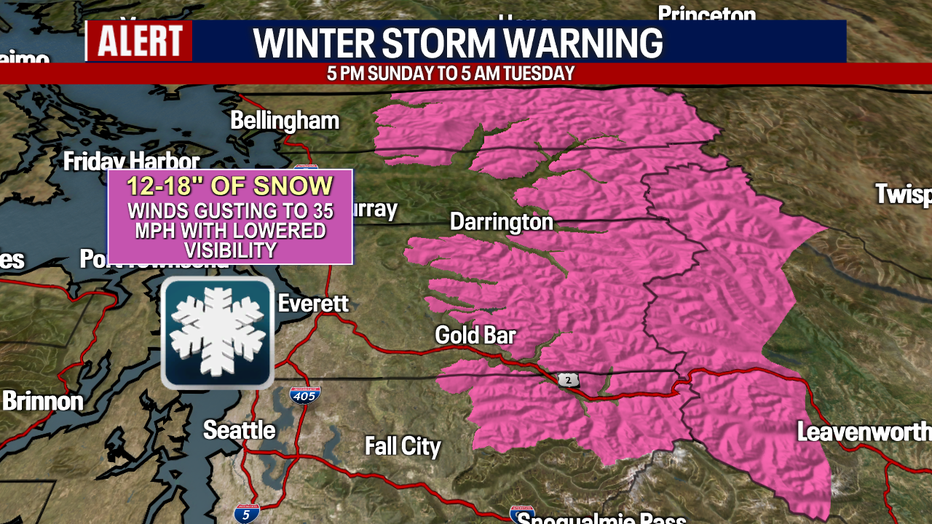 More intense mountain snow is forecast over the North Cascades on Monday.