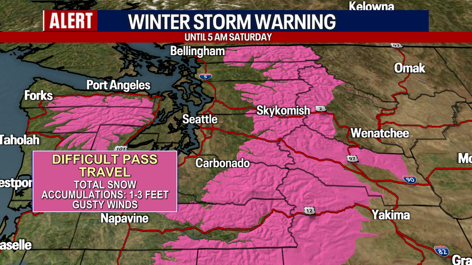 Seattle weather includes a Winter Storm Warning for the mountains where additional snow is expected.