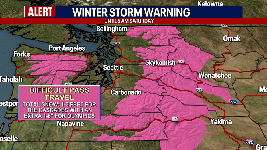 Seattle weather may mean a rain/snow mix in the lowlands, but mountain travel will remain difficult under a Winter Storm Warning for the Cascades.