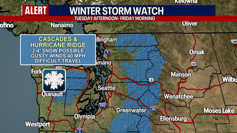 A Winter Storm Watch for the Cascades and Hurricane Ridge.