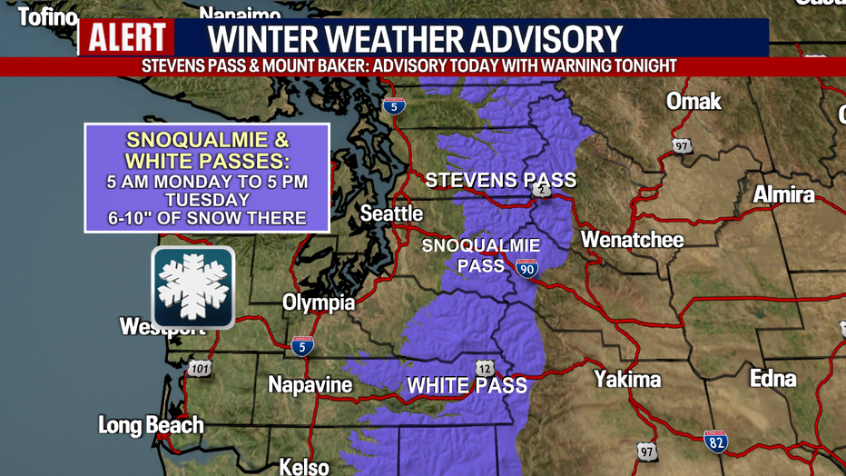Seattle weather alerts are in place for the Cascades as snow increases across the passes.