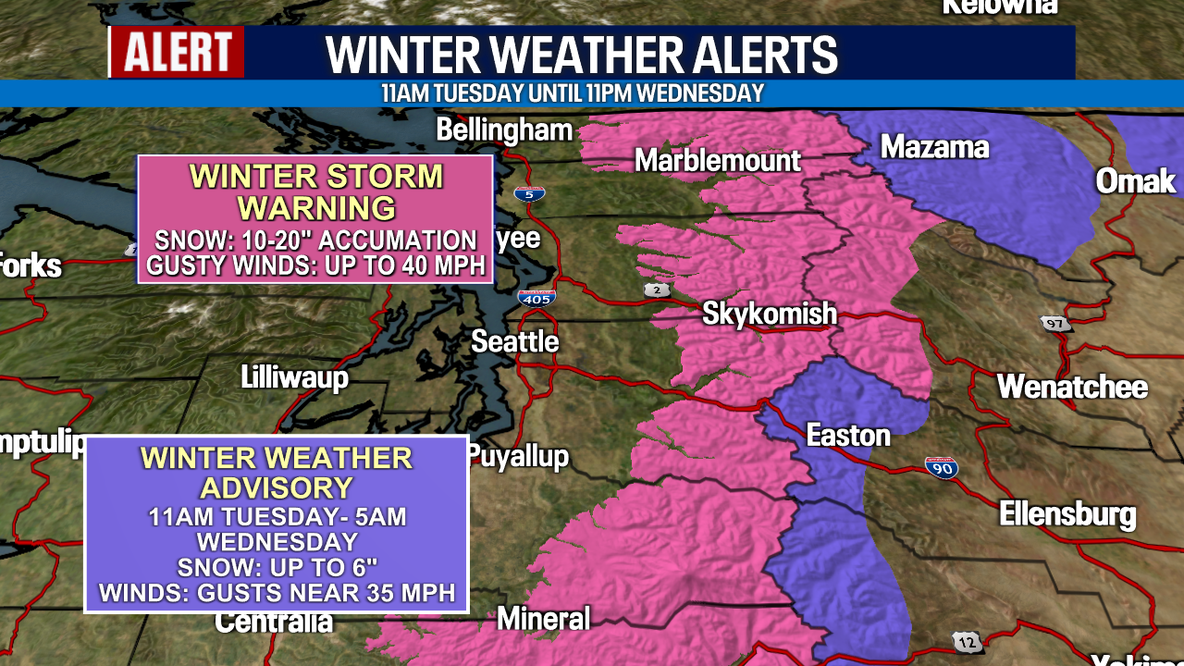 Seattle weather: Winter storm in Cascades Tuesday night