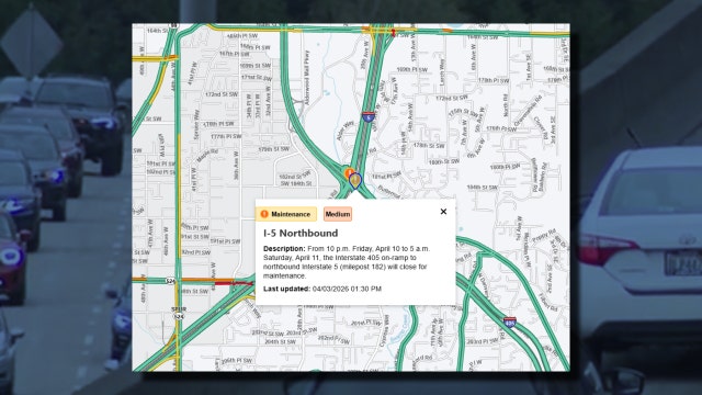 Northbound I-405 ramp to I-5 will close overnight in Lynnwood, WA