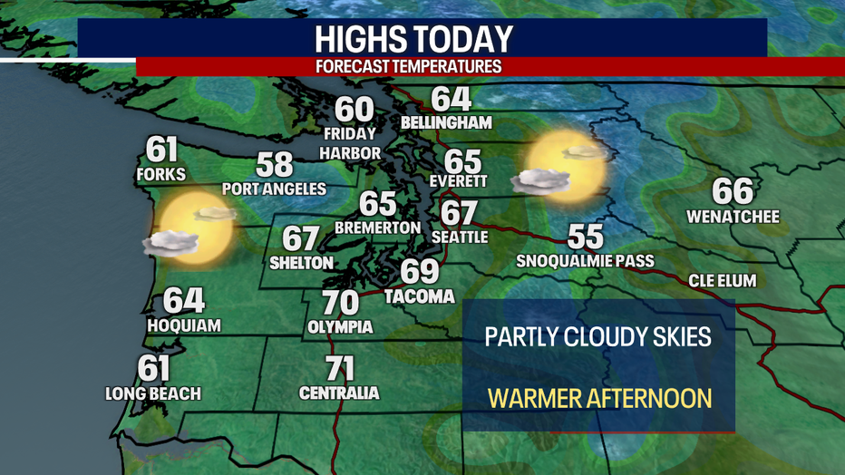 A map showing the high temperatures forecast for Saturday in Western Washington.