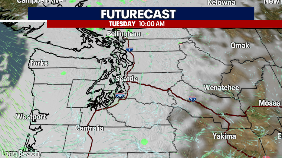 A map showing the cloud forecast for Tuesday morning.