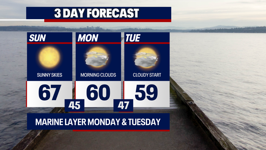 Seattle weather brings sunshine and mild temperatures today with a slight chance of a light South Sound shower.