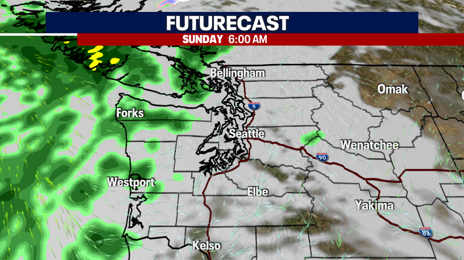 A map showing the cloud and rain forecast for Sunday morning.