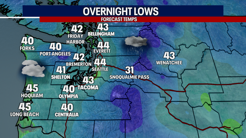 A map showing the overnight lows in Western Washington Monday night.