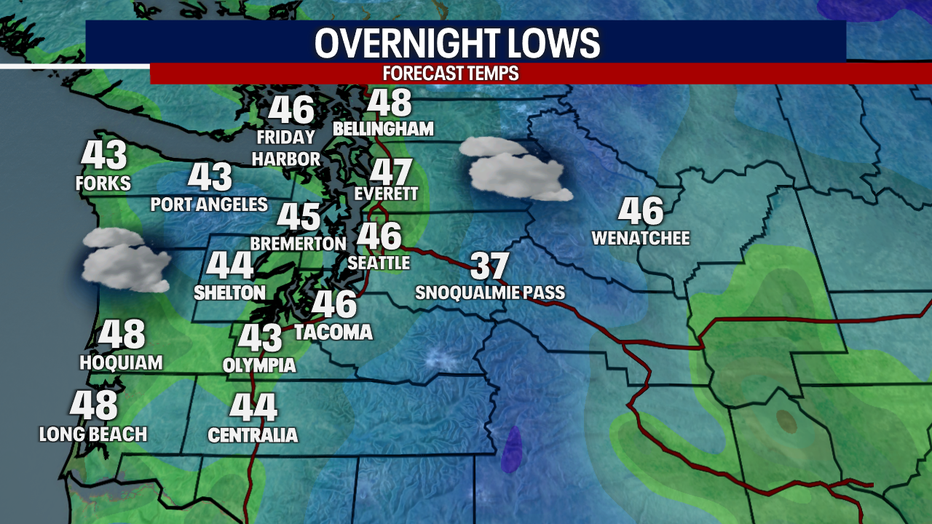 A map showing the overnight lows in Western Washington on Tuesday morning..