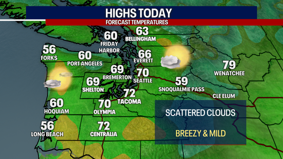 Forecast high temperatures around Western Washington on Monday.
