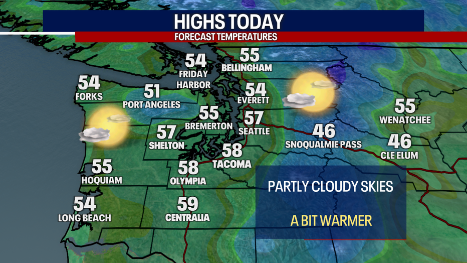A map showing the high temperatures forecast for Friday in Western Washington.