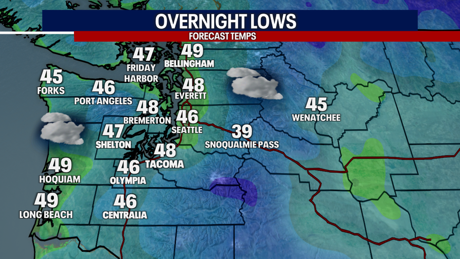 A map showing the low temperatures expected Thursday morning.