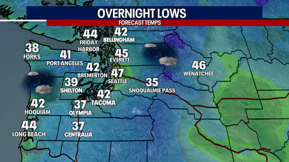 A map showing the overnight low temperatures expected Wednesday morning.