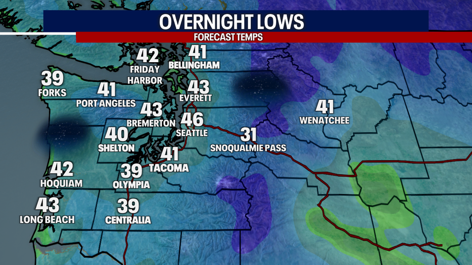 A map showing the lows Friday morning in Western Washington.