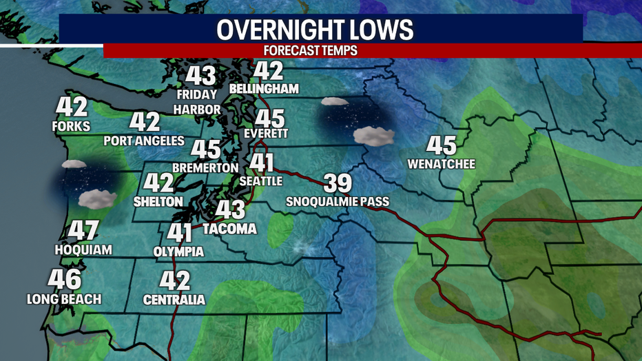 A map showing the lows forecast for Sunday morning.