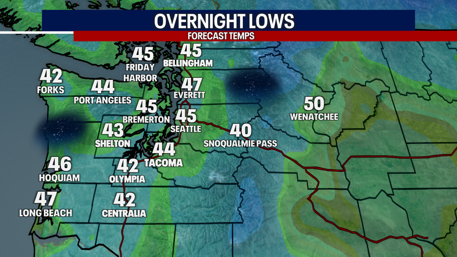 A map showing the low temperatures Thursday morning in Western Washington.