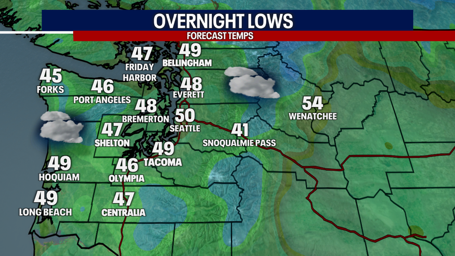 Pleasant night with lows near 50 degrees. 