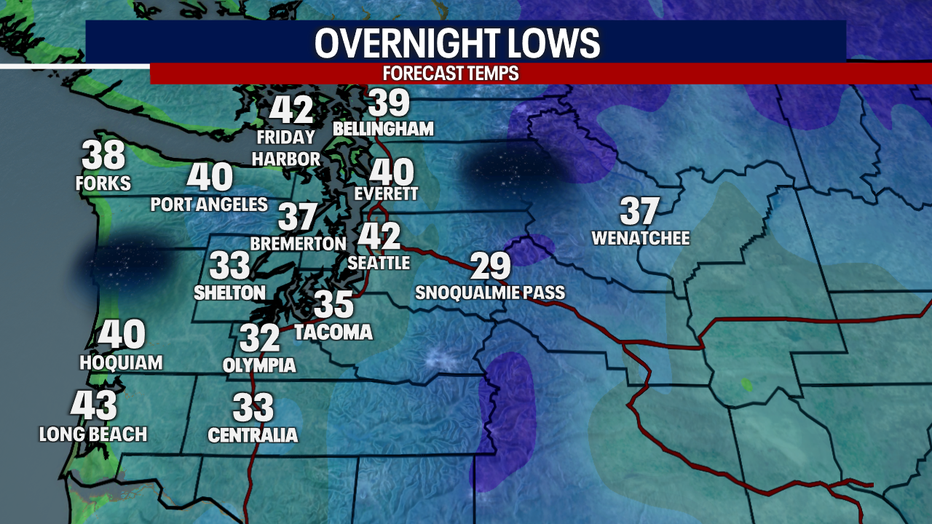 A map showing the overnight lows in Western Washington Saturday morning.