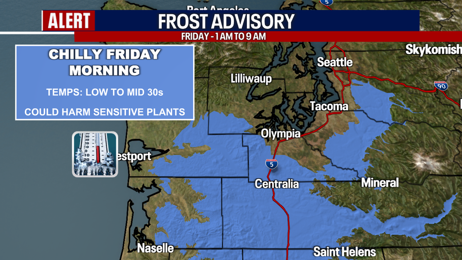 A map showing the areas under a frost advisory Friday morning.