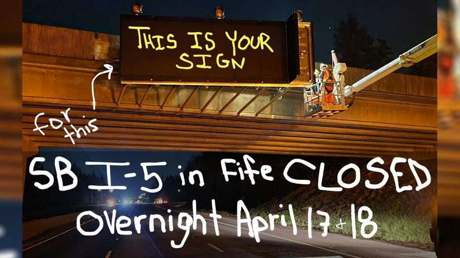 A portion of southbound I-5 will be closed overnight in Fife Friday and Saturday night, according to WSDOT. The Washington State Department of Transportation says the purpose of the closure is to install a new electronic sign and will need two nights to do it. Crews will close southbound I-5 from 54th Avenue to Port of Tacoma Road starting at 11 p.m. Friday night until 7:30 a.m. Saturday morning. Closures will resume Saturday night starting at 11 p.m. as well and lanes will reopen Sunday morning at 8:30 a.m. WSDOT says the closure will include the 54th Avenue ramps to southbound I-5.