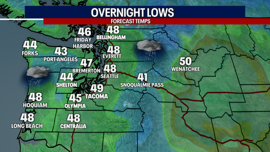 Seattle weather includes cloudy skies and lows in the 40s around Western Washington into early Saturday.