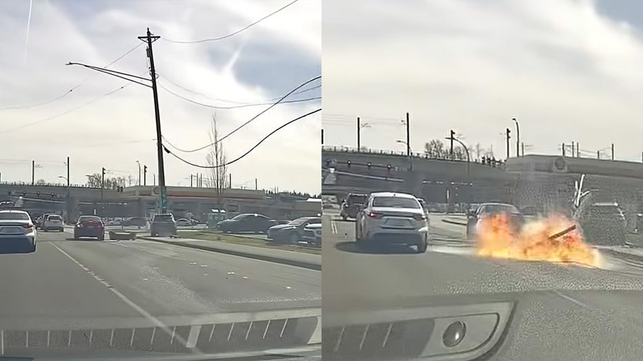 Lynnwood police released dashcam video showing a vehicle rear-ending another car, veering off the road and striking a utility pole that caught fire. Authorities said the at-fault driver admitted to using a cell phone at the time of the crash. Police are using the video to warn travelers about distracted driving.