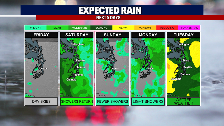 Seattle weather brings a steady return of rain Saturday before easing into lighter showers on Sunday and Monday.