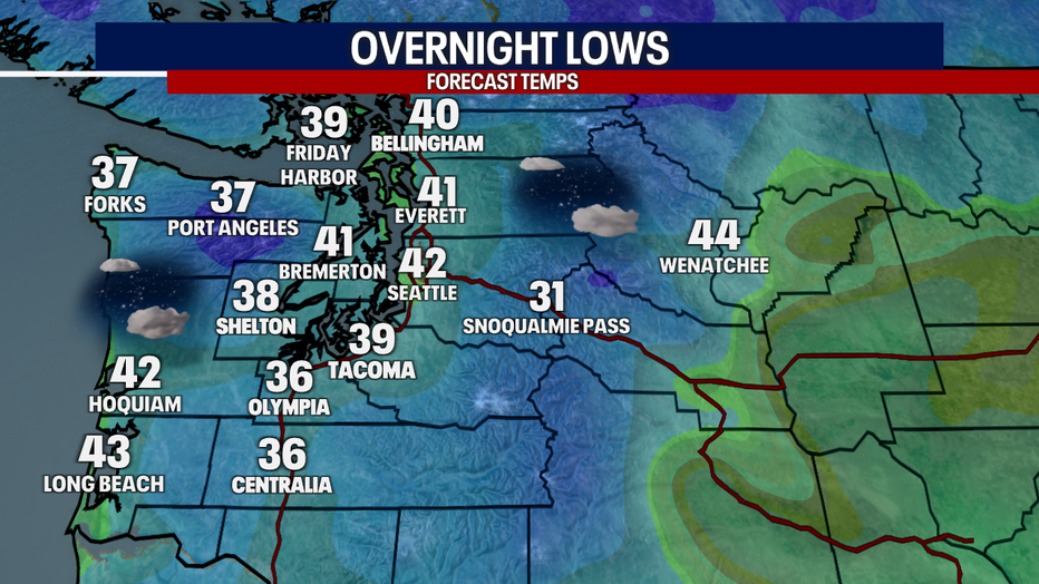 A map showing the overnight lows in Western Washington early Tuesday.