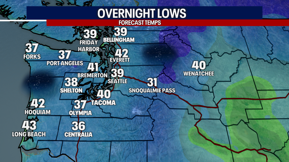 A map showing the overnight lows in Western Washington early Tuesday.