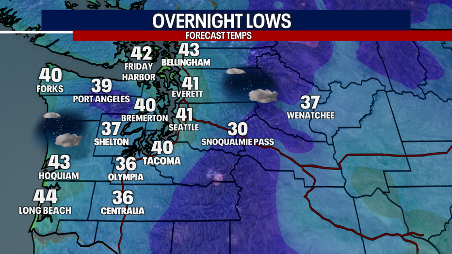 A map showing the lows forecast for Friday morning.