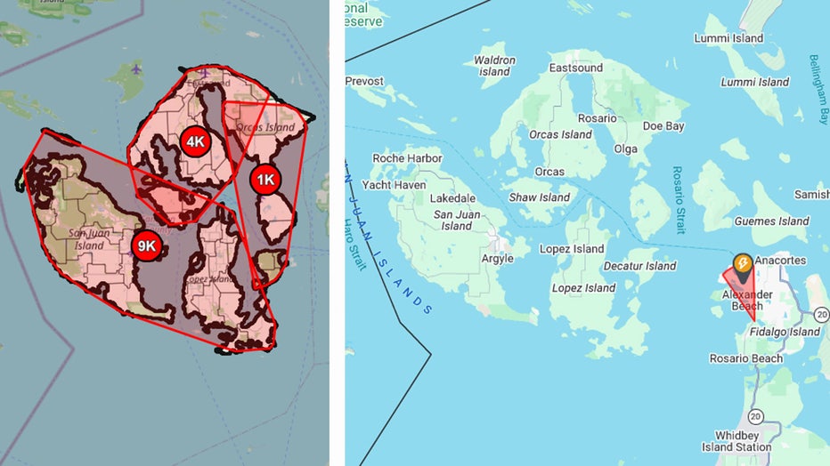 Nearly all customers in the San Juan Islands lost power Wednesday morning, affecting about 98% of the area. Officials said the outage was caused by a traffic incident on the mainland, and crews are assessing the damage. There is no estimated restoration time, and outages could last more than four hours.